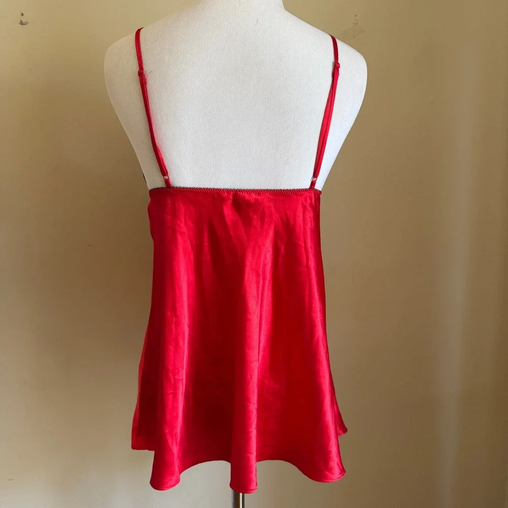 ❤️ Victoria's‎ Secret Red Satin Cami — Black Lace Trim Small Lingerie Top 🖤